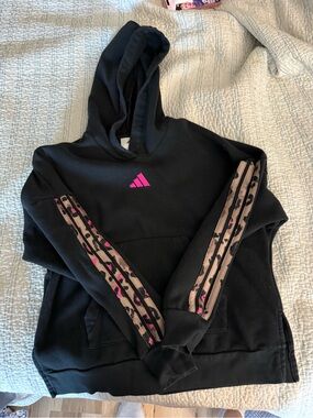 adidas Black Hoodie with Pink Logo and Leopard-Accent Sleeve Stripes